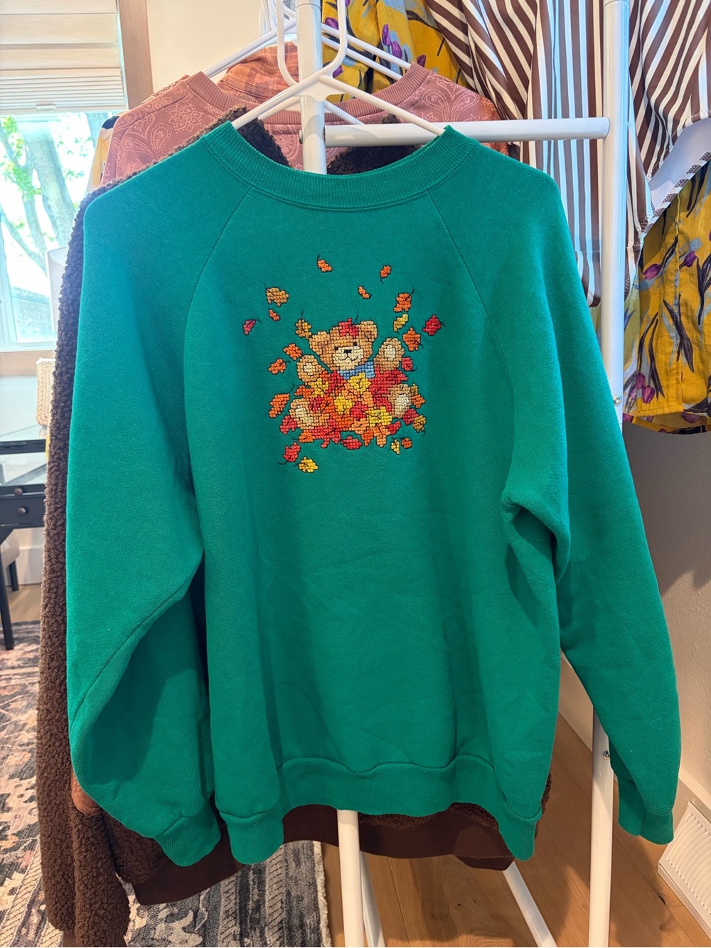 Green Embroidered Teddy Bear Fall Leaves Sweatshirt
